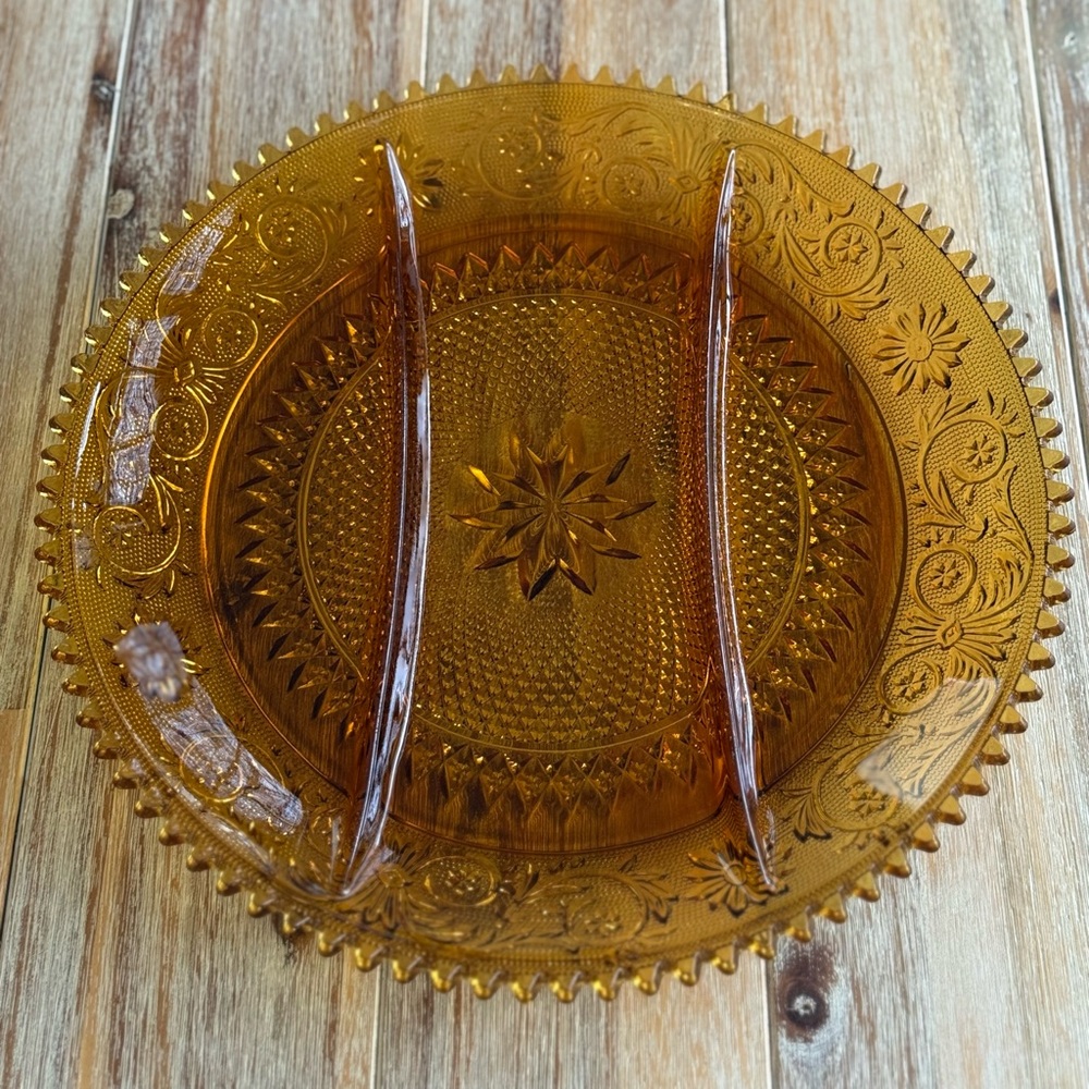 Vintage Tiara Amber Indiana Glass Sandwich Platter Relish Dish
